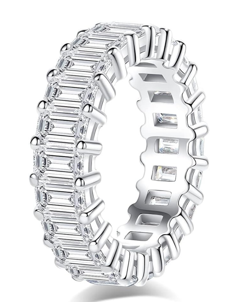5Ctw Moissanite Eternity Ring, Emerald Cut D Color Lab Created Diamond Sterling Silver Wedding Band Ring for Women