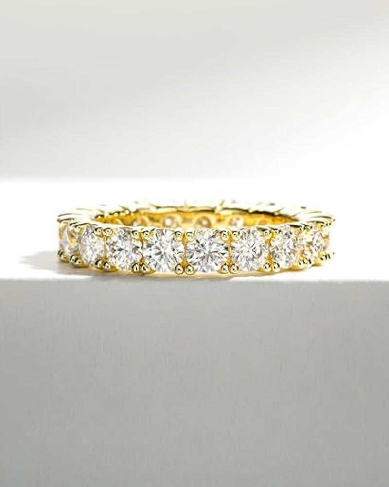 4Ctw Moissanite Wedding Band D Color VVS1 Round Cut 14K Yellow Gold Plated 925 Sterling Silver Eternity Band Rings for Women