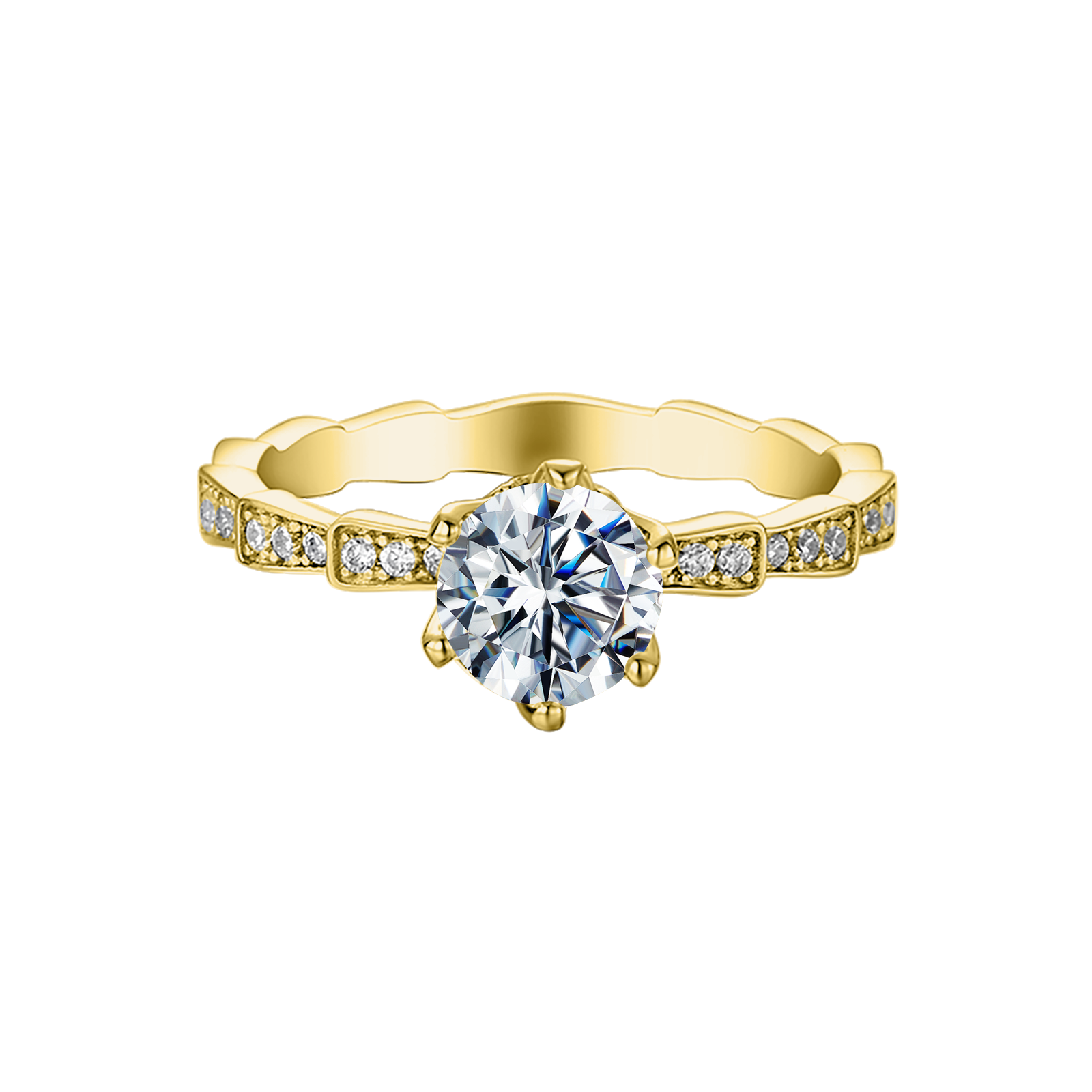 Round Lab Grown Diamond 14K Gold Pave Bamboo Vintage Engagement Ring