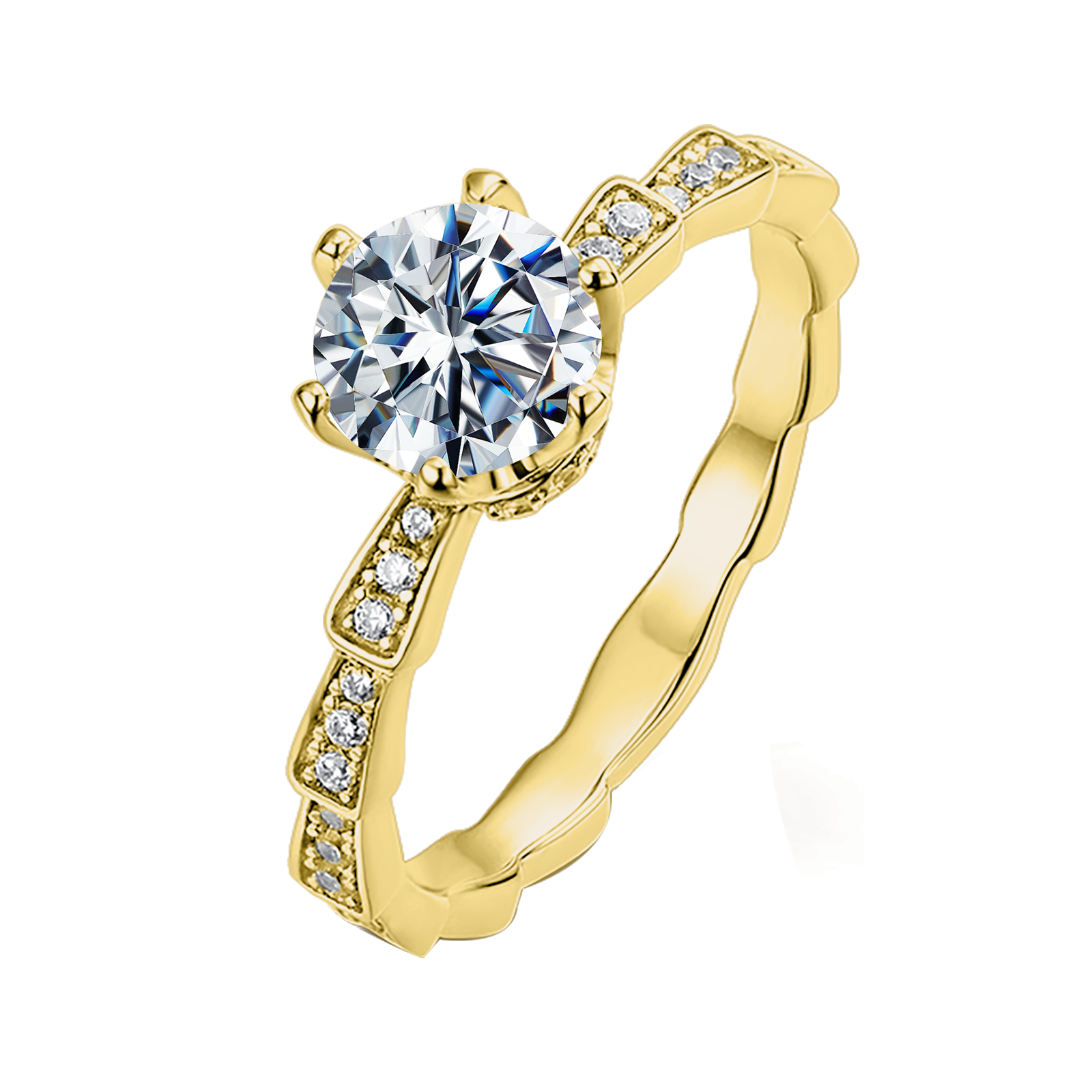 Round Lab Grown Diamond 14K Gold Pave Bamboo Vintage Engagement Ring